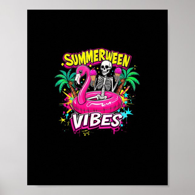 Poster Funny Skeleton Summerentre Vibes Flamingo Piscina  (Frente)