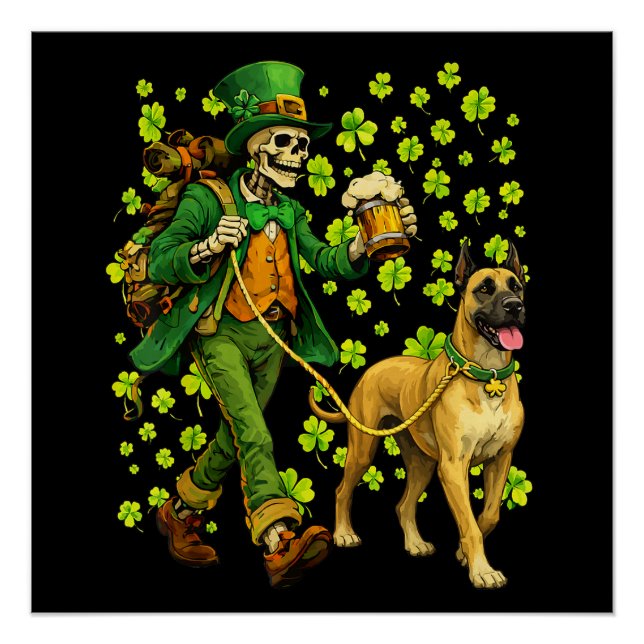 Pôster Funny Skeleton Walking Great Dane Gothic Dog Lover (Frente)