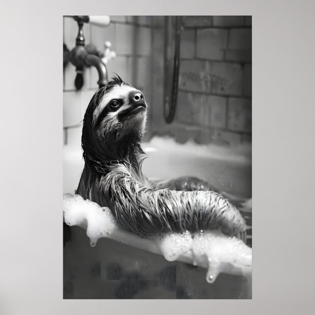 Poster Funny Sloth in Bubble Bath Print, Bathroom Humor (Frente)
