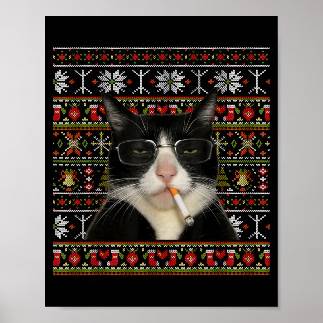 Poster Funny Smoking Cat Meme Christmas Ugly Sweater Cat  (Frente)