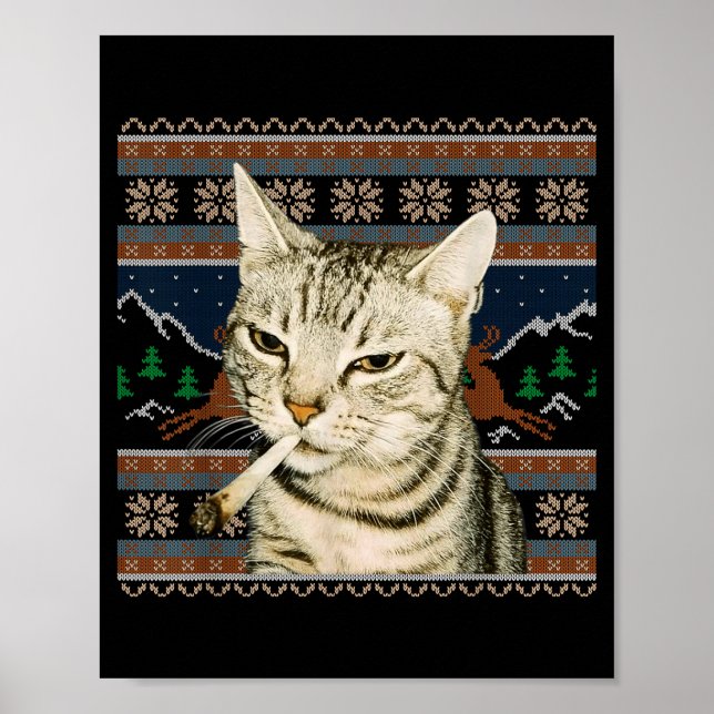Poster Funny Smoking Cat Meme Christmas Ugly Sweater Cat  (Frente)