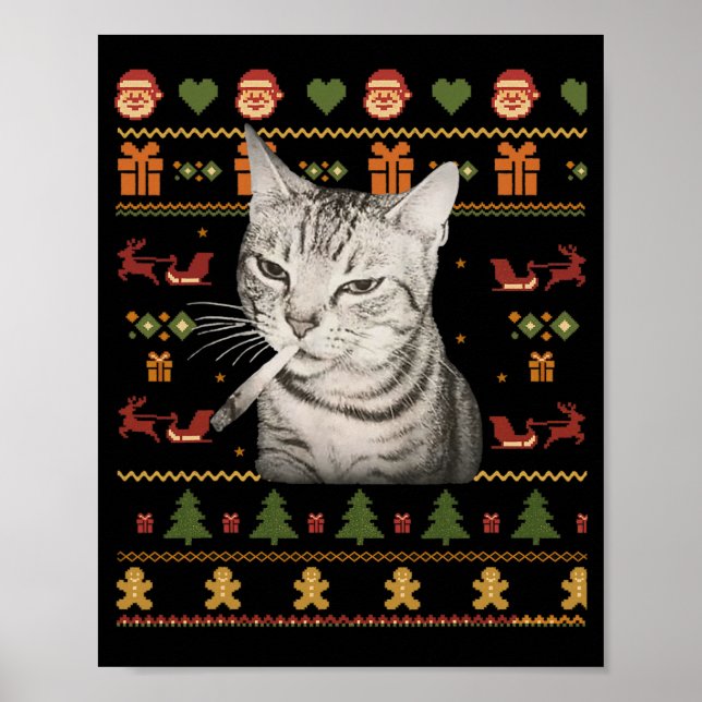 Poster Funny Smoking Cat Meme Christmas Ugly Sweaters For (Frente)