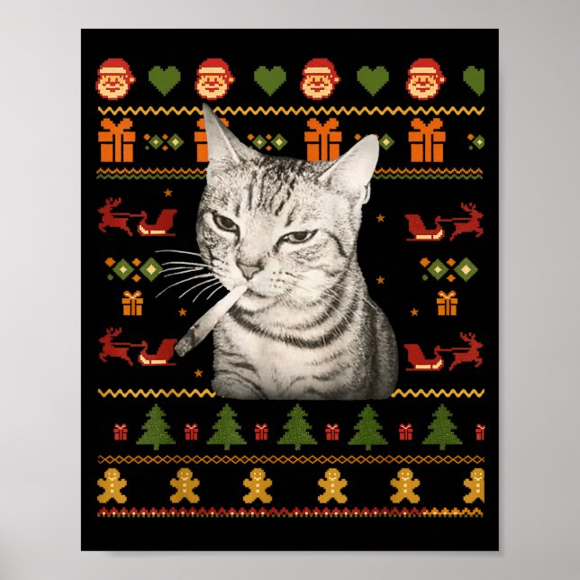 Poster Funny Smoking Cat Meme Christmas Ugly Sweaters For (Frente)