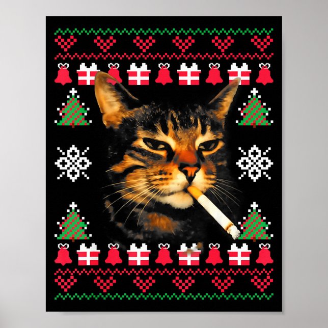 Poster Funny Smoking Cat Meme Ugly Christmas Sweater For  (Frente)