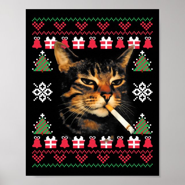 Poster Funny Smoking Cat Meme Ugly Christmas Sweater For  (Frente)