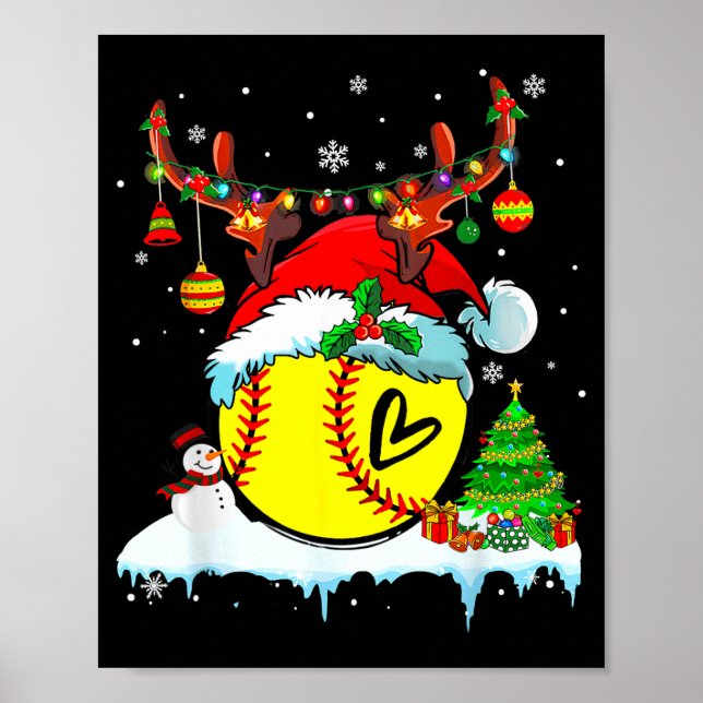 Poster Funny Softball Christmas Reindeer Santa Hat Lights (Frente)