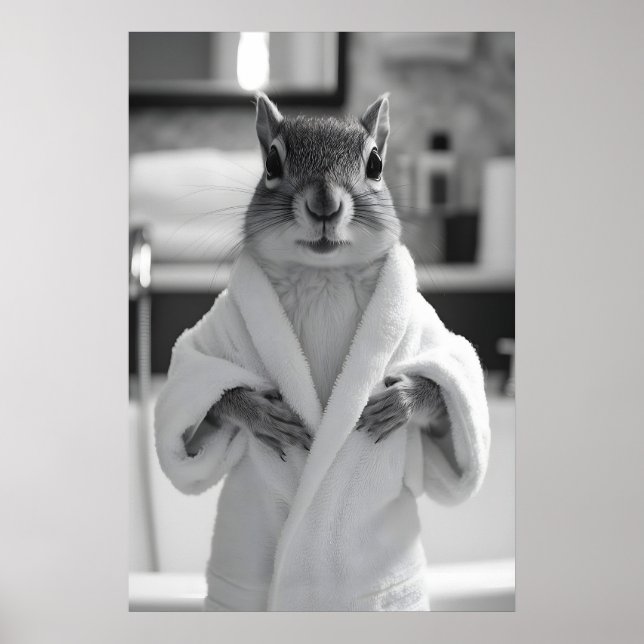 Poster Funny Squirrel Bathrobe Print, Quirky Bathroom (Frente)