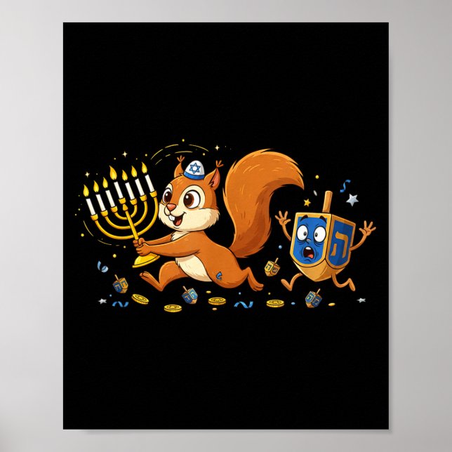 Poster Funny Squirrel Dreidel Menorah Hanukkah Kids Women (Frente)