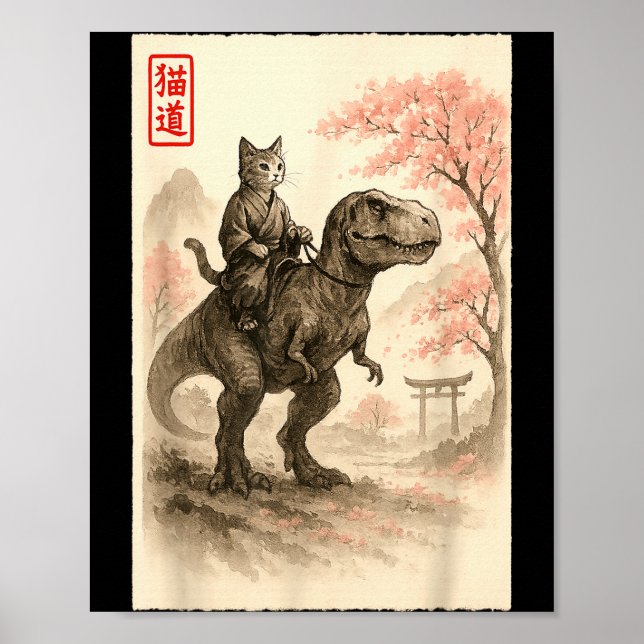 Poster Funny Sumi-e Kawaii Cat Riding Dinosaur Japanese A (Frente)