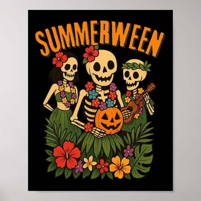 Poster Funny Summerween Skeletons Luau Party Halloween Be (Frente)