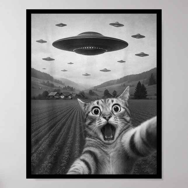 Poster Funny Surprised Ed Cat Selfie With Alien Ufo Cat U (Frente)