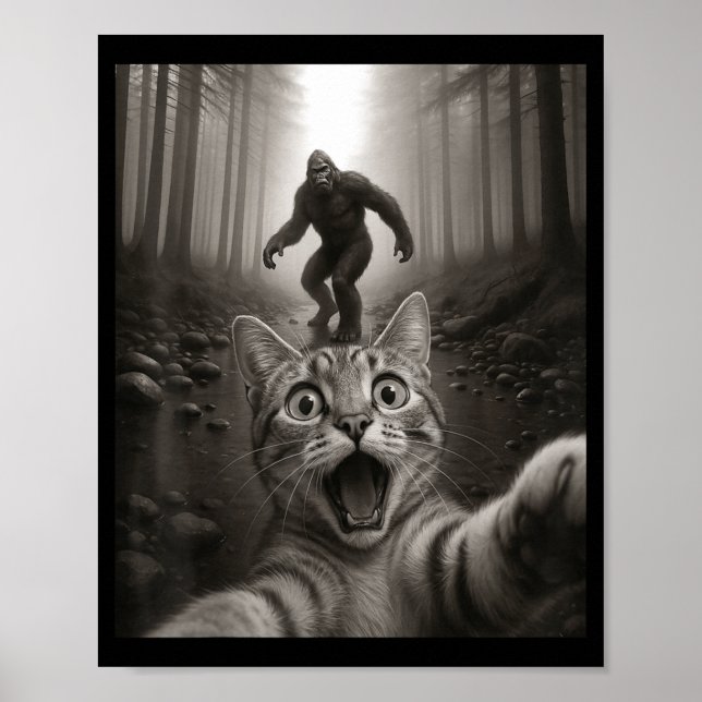 Poster Funny Surprised Ed Cat Selfie With Bigfoot Sasquat (Frente)