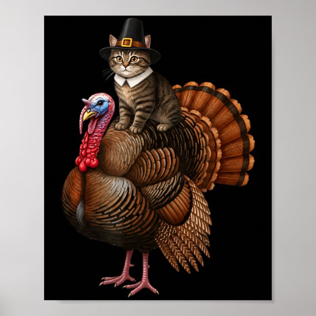 Poster Funny Thanksgiving Cat On Turkey, Lgrim Hat Turkey (Frente)