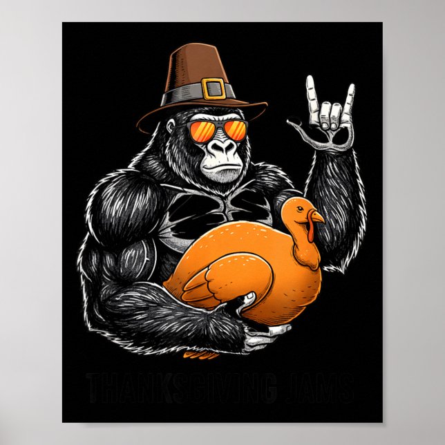 Poster Funny Thanksgiving Gorilla Holding Turkey Lgrim Ha (Frente)