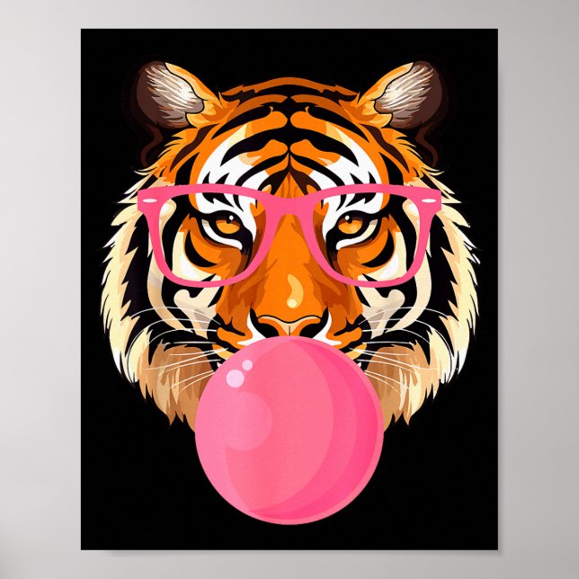 Poster Funny Tiger Gles Blowing Bubble Gum Cute Tiger Fac (Frente)