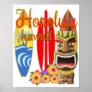 Poster Funny Tiki Honolulu Hawaii Surfing