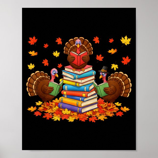 Poster Funny Turkey Reading Book Fall Thanksgiving Teache (Frente)