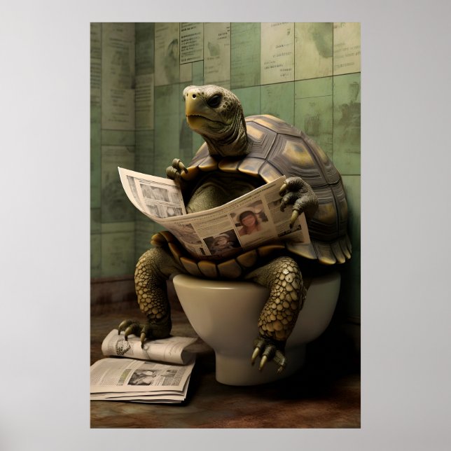 Poster Funny Turtle Bathroom Print, Toilet Newspaper Art (Frente)