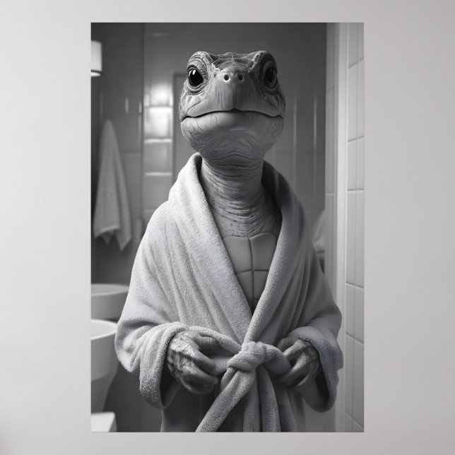 Poster Funny Turtle in Bathrobe Print, Quirky Bathroom (Frente)