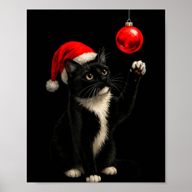 Poster Funny Tuxedo Bauble Cat Santa Hat Red Xmas Christm (Frente)
