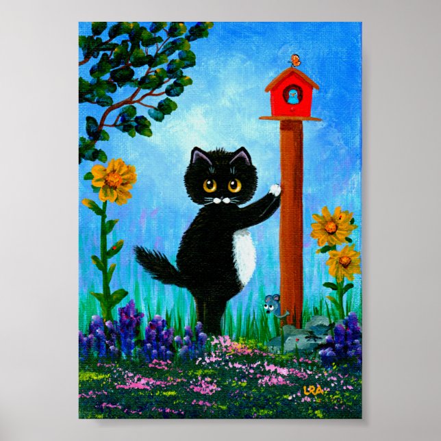 Poster Funny Tuxedo Cat Birdhouse Mouse Creationarts (Frente)