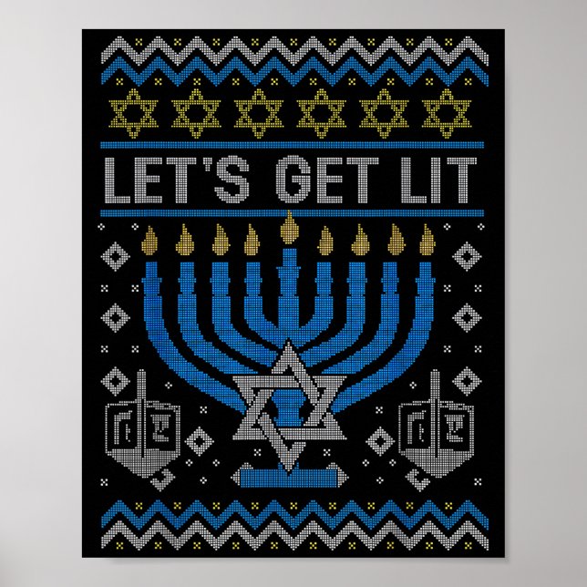 Poster Funny Ugly Hanukkah Sweater Lets Get Lit Menorah J (Frente)