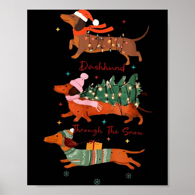 Poster Funny Weiner Dog Dachshund Through The Snow Merry  (Frente)
