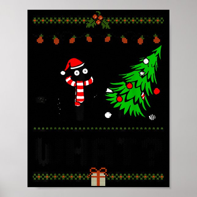 Poster Funny Xmas Black Cat Pushing Christmas Tree Over C (Frente)