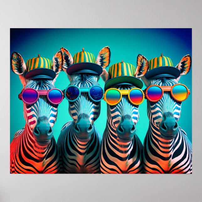 Poster Funny Zebras Cute Zoo Animals Hats Glasses (Frente)