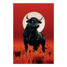 Pôster Fúria da Meia-Noite – Majestoso Touro Negro sob o