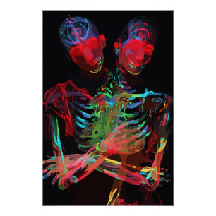 Pôster Fusão de Arte com Abraço de Esqueleto de Neon