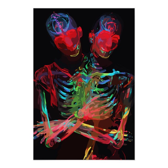 Pôster Fusão de Arte com Abraço de Esqueleto de Neon (Frente)