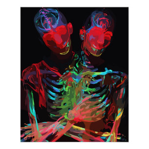 Pôster Fusão de Arte com Abraço de Esqueleto de Neon