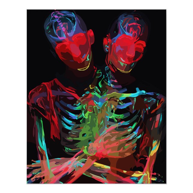 Pôster Fusão de Arte com Abraço de Esqueleto de Neon (Frente)