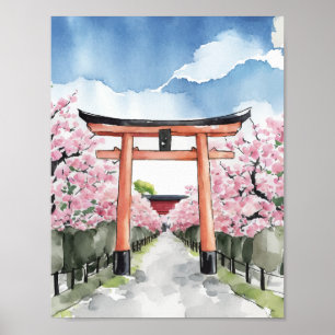 Poster Fushimi Inari Shrine Kyoto Japão Watercolor