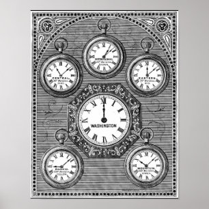 Poster Fusos horários do Vintage Art World Clocks - post