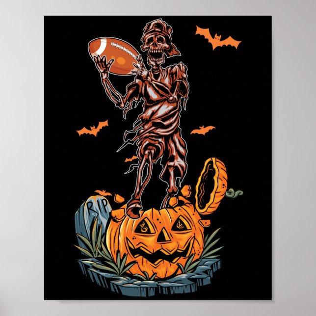 Poster Futebol Americano Skeleton Halloween Pumpkin & Bat (Frente)