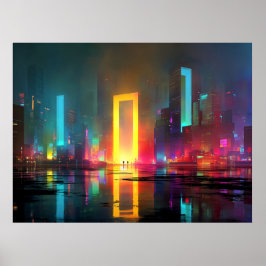Poster Futuristic City with Radiant Neon Portal