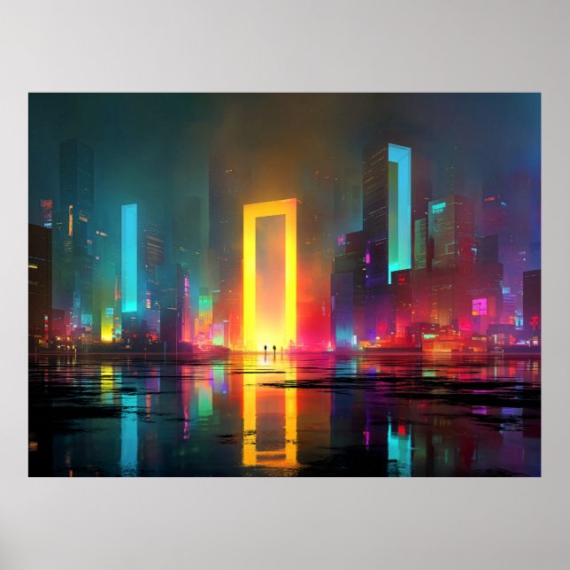 Poster Futuristic City with Radiant Neon Portal (Frente)