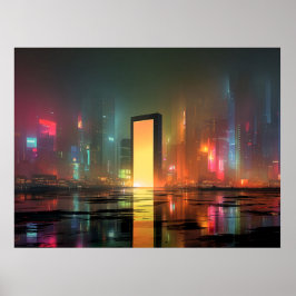 Poster Futuristic Cityscape with Neon Reflections