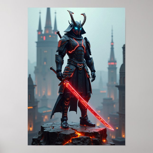 Poster Futuristic Cyberpunk Samurai Warrior - Sci-Fi Mech (Frente)