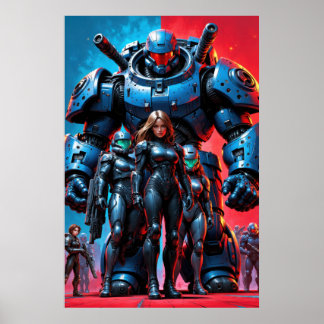 Poster Futuristic soldiers and armored robot in a science