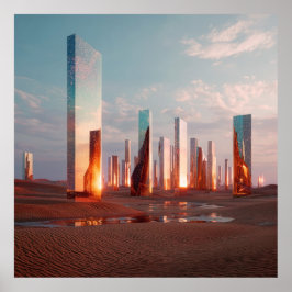 Poster Futuristic Surreal Mirror Towers In Desert