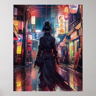 Poster Futurística moderna de paisagem noturna Samurai Cy
