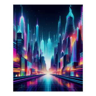Pôster Futurística Neon Cityscape - Design de Cyberpunk-B