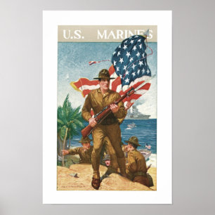 Poster Fuzileiros navais dos E.U. - w/Flag