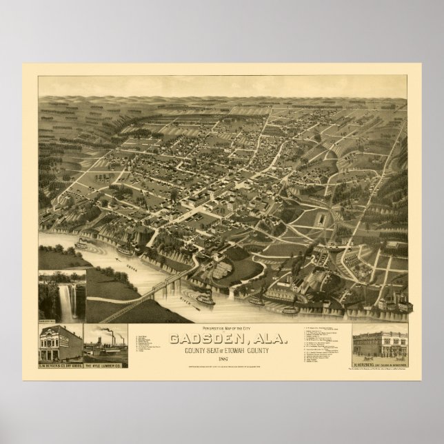 Pôster Gadsden, Mapa Panorâmico AL - 1887 (Frente)