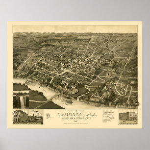 Pôster Gadsden, mapa panorâmico do AL - 1887