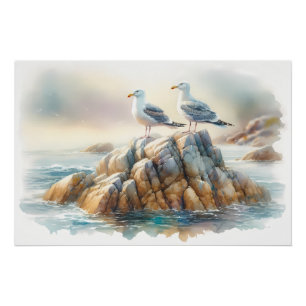 Pôster Gaivotas Costeiras Aquarela Paisagem Marítima