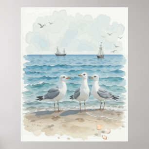 Poster Gaivotas de Cana-d'água no Oceano Costeiro de Prai
